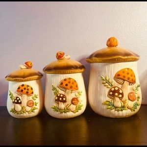 3 Vintage 80s Sears & Roebuck Merry Mushroom Kitchen Jars Canisters Shroom